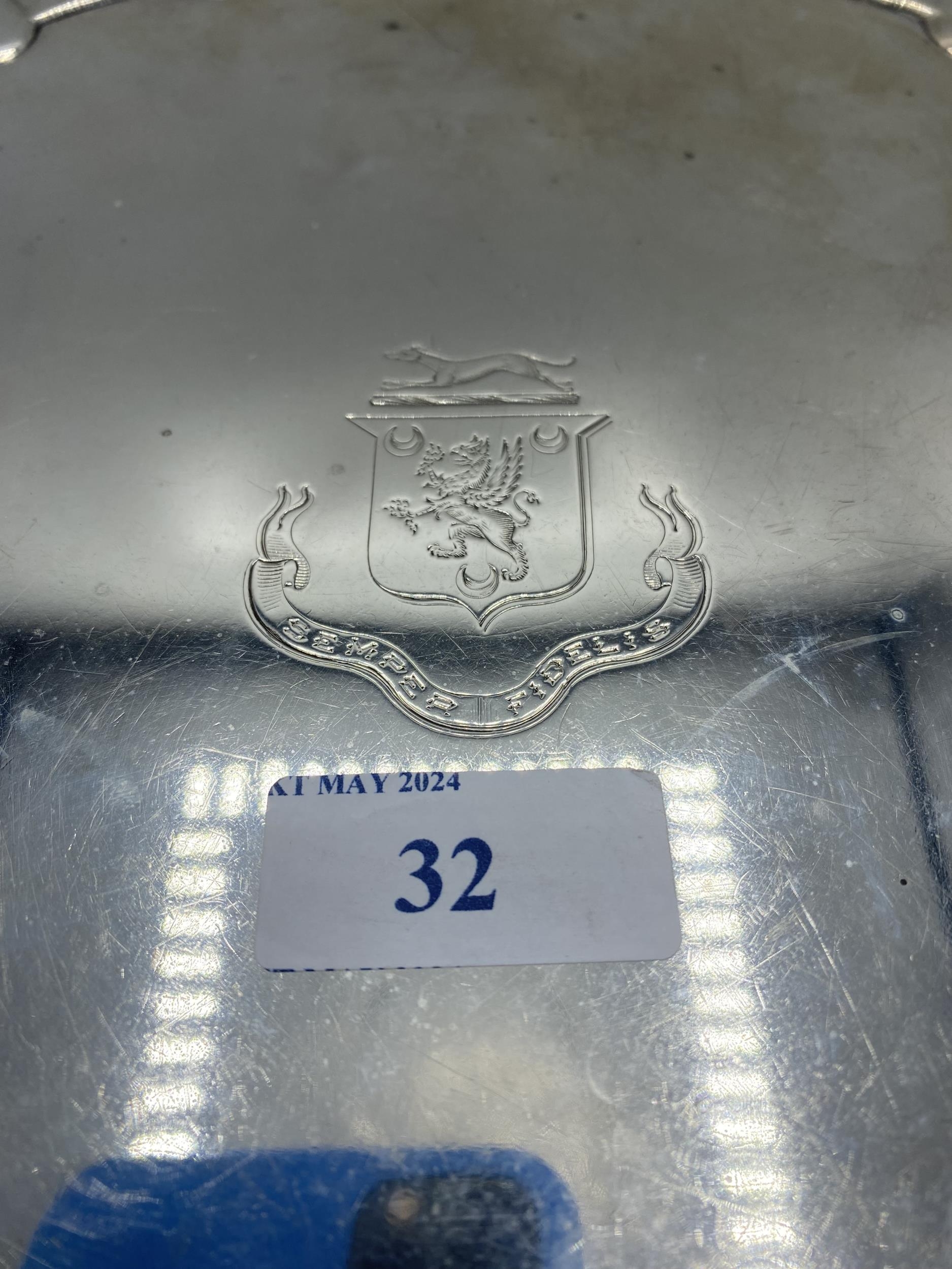 A sterling silver circular tray with central armorial 'Semper Fidelis' (always Loyal). Cast border - Image 3 of 3