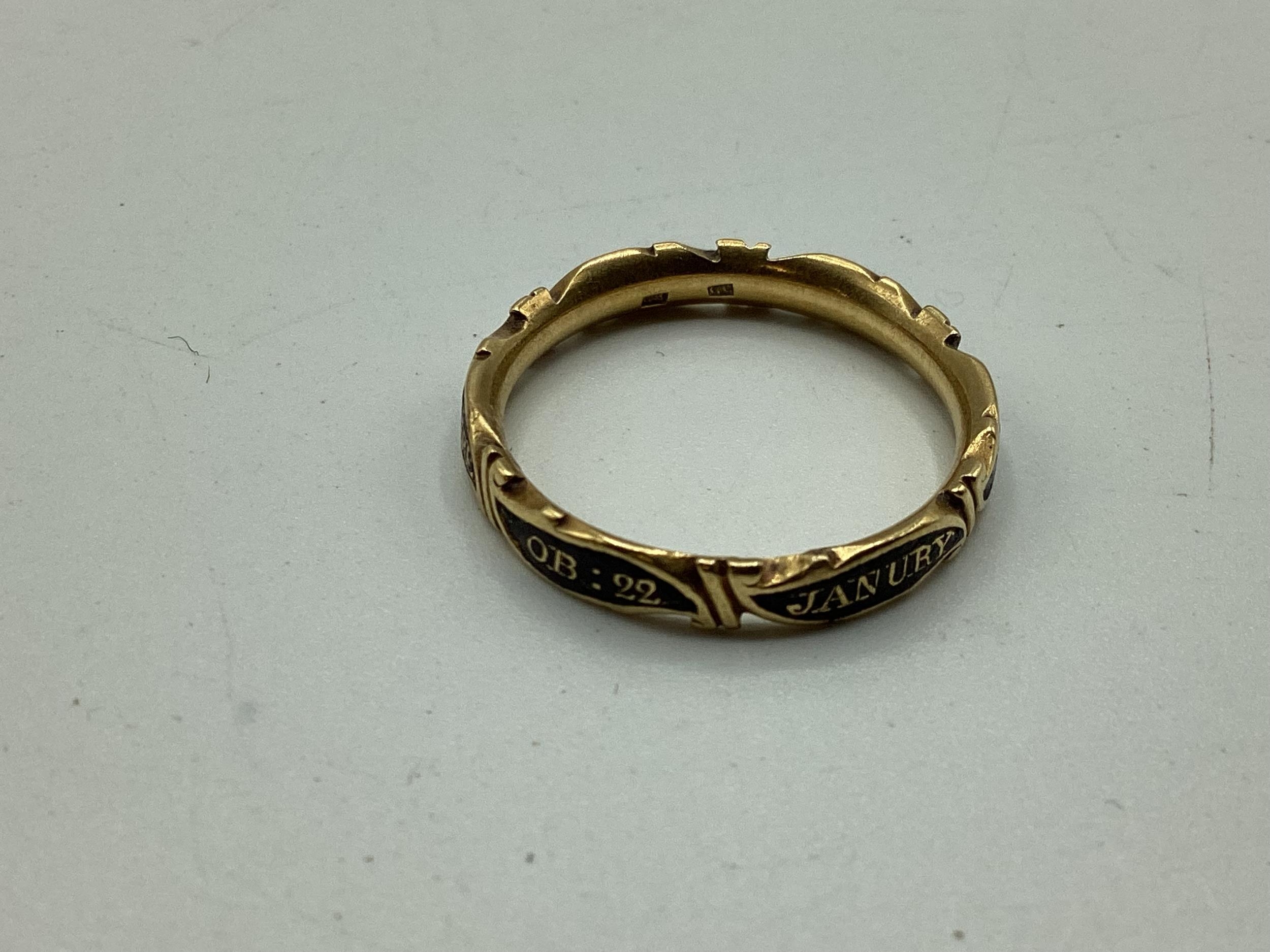 An unmarked yellow metal and black enamel mourning ring, marked CC to inside of hoop, Jane Goodear - Image 3 of 3