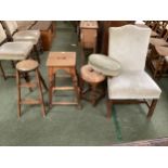 Four stools, folding stool, a draughtsman stool, a circular upholstered stool and a small