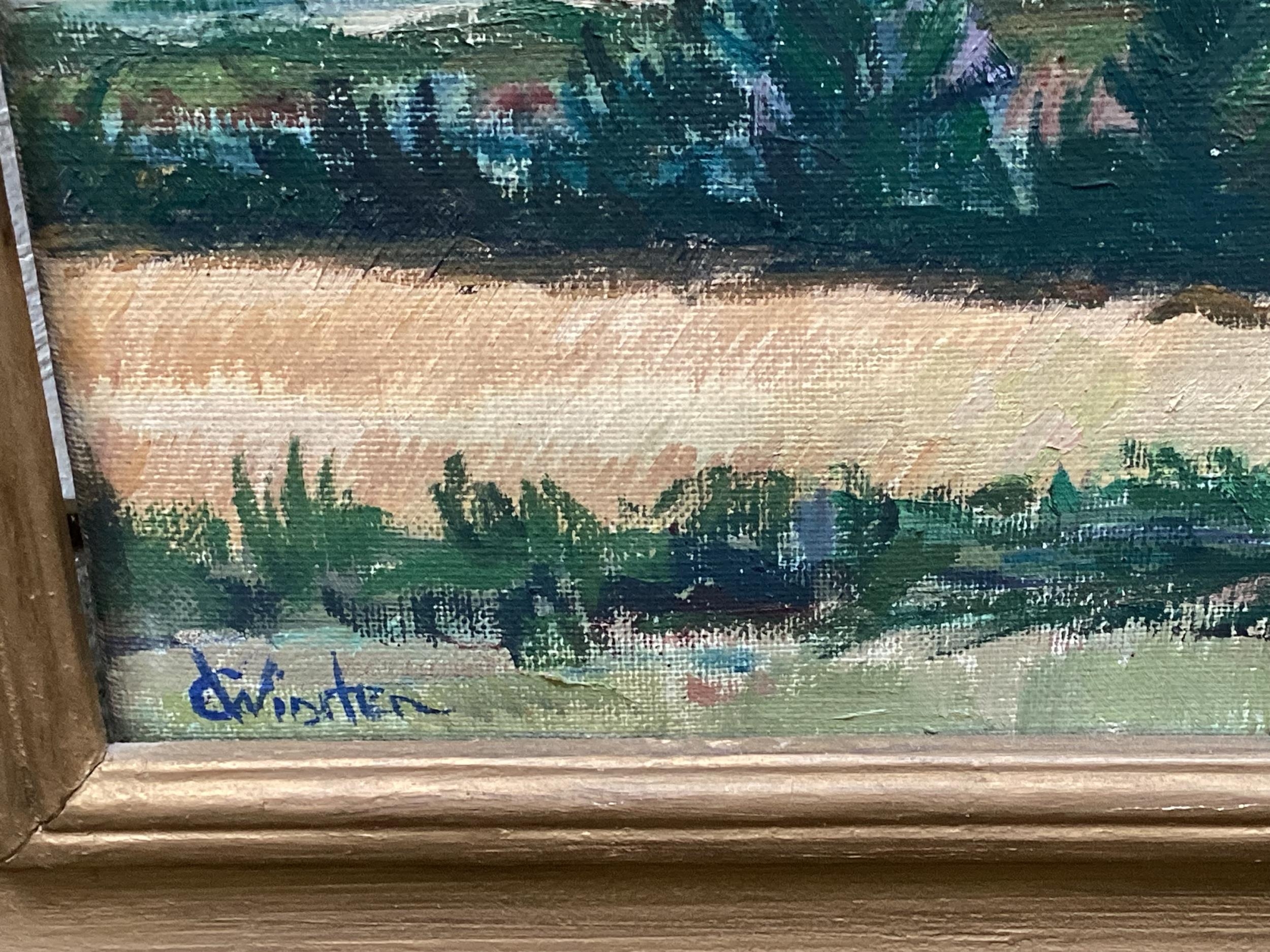 Oil on canvas, Green trees and wheat fields, signed indistinctly lower left C Winsten?, some old - Image 4 of 4
