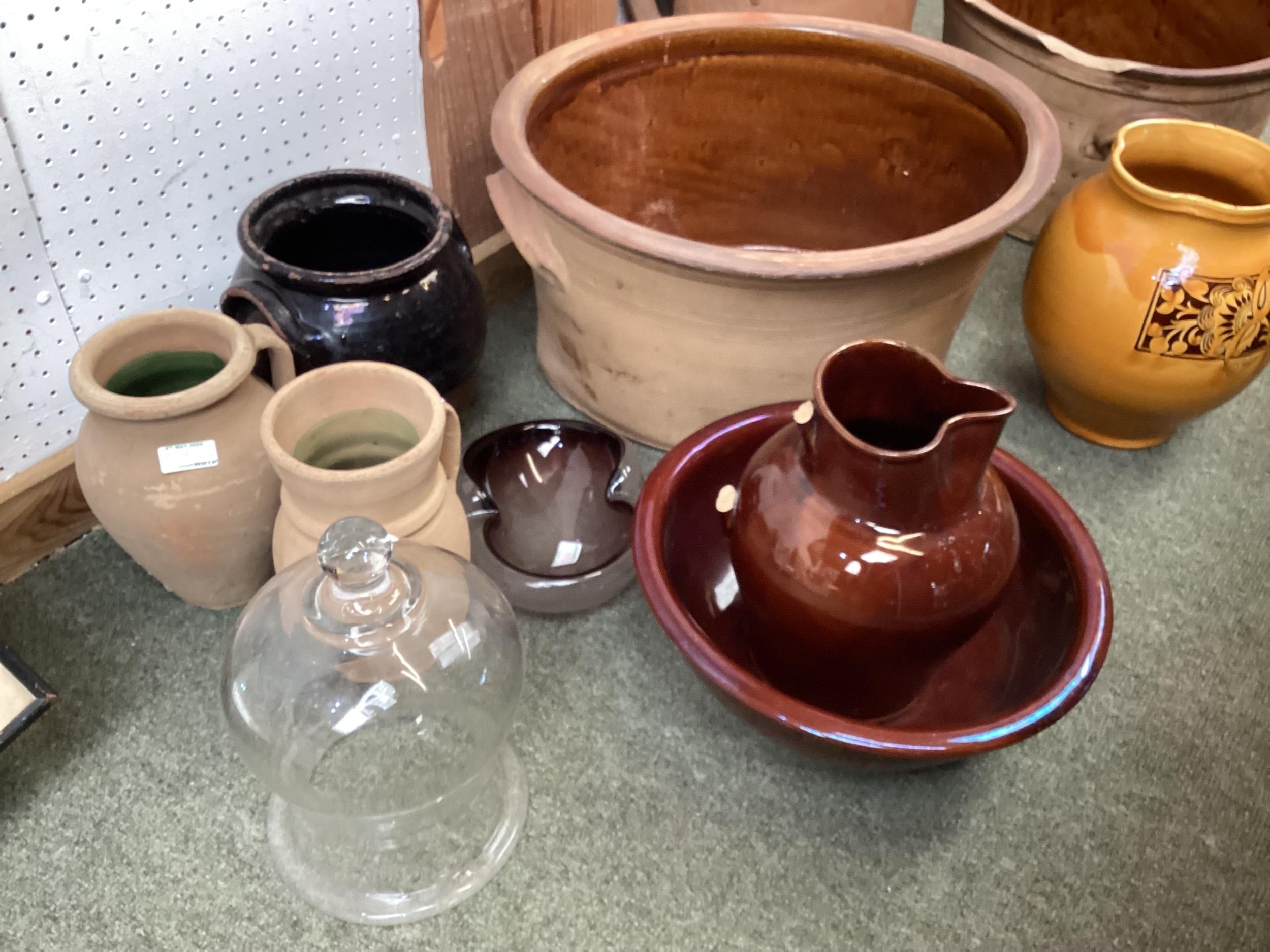 A pottery yellow ochre jug, and other earthenware vases, jugs, a lidded crock and two large bowls, - Image 2 of 6