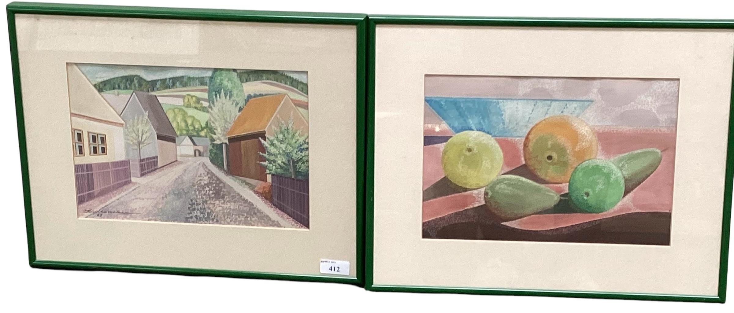 Mid C20th pair of watercolours, framed and glazed, Still Llife and Village Scene, Signed