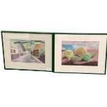 Mid C20th pair of watercolours, framed and glazed, Still Llife and Village Scene, Signed