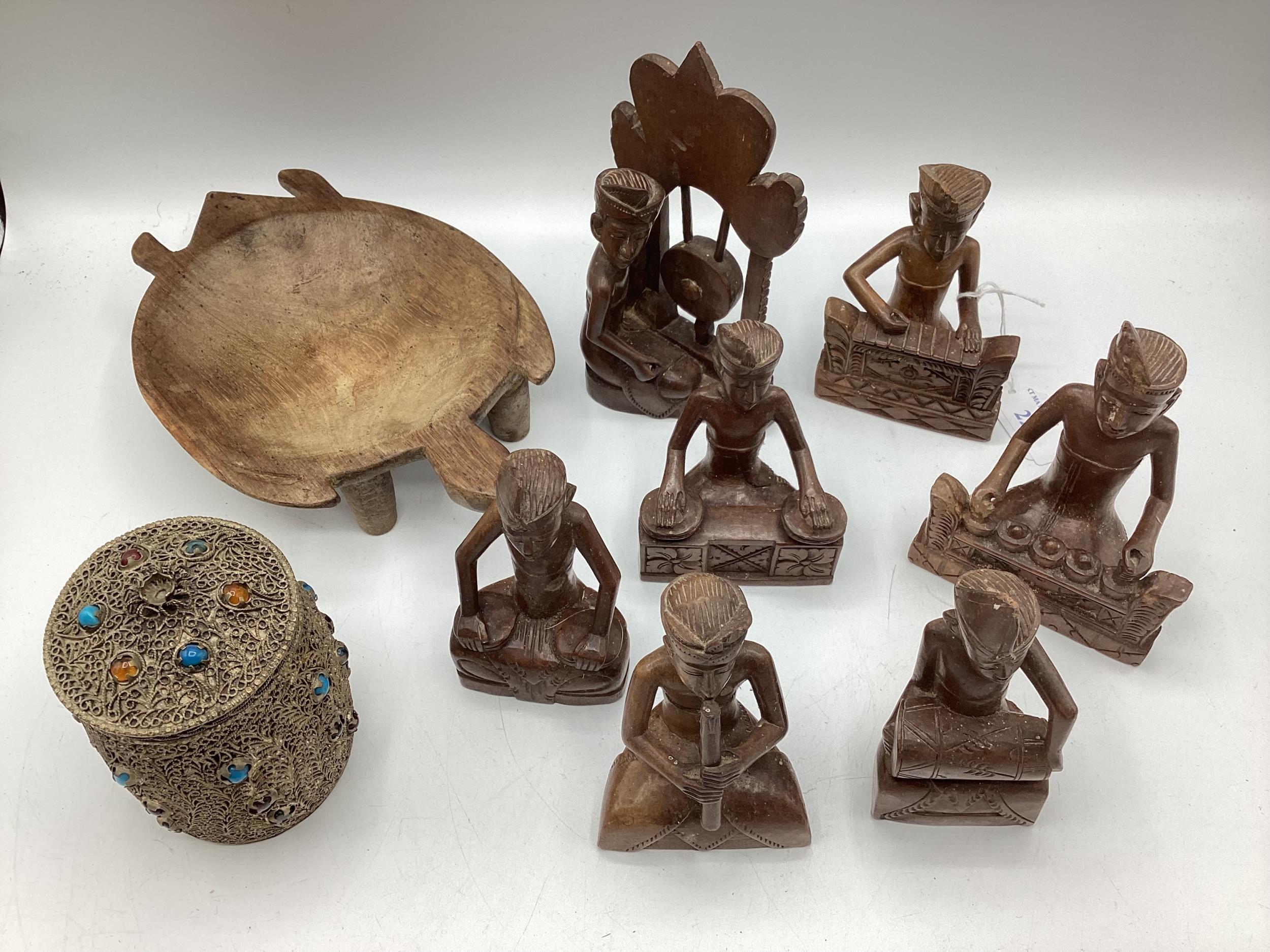 A quantity of Malaysian wooden figures, and a white metal lidded pot - Image 5 of 5