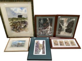 Quantity of pictures and prints to include a pair of C20th framed and glazed oriental mountain and