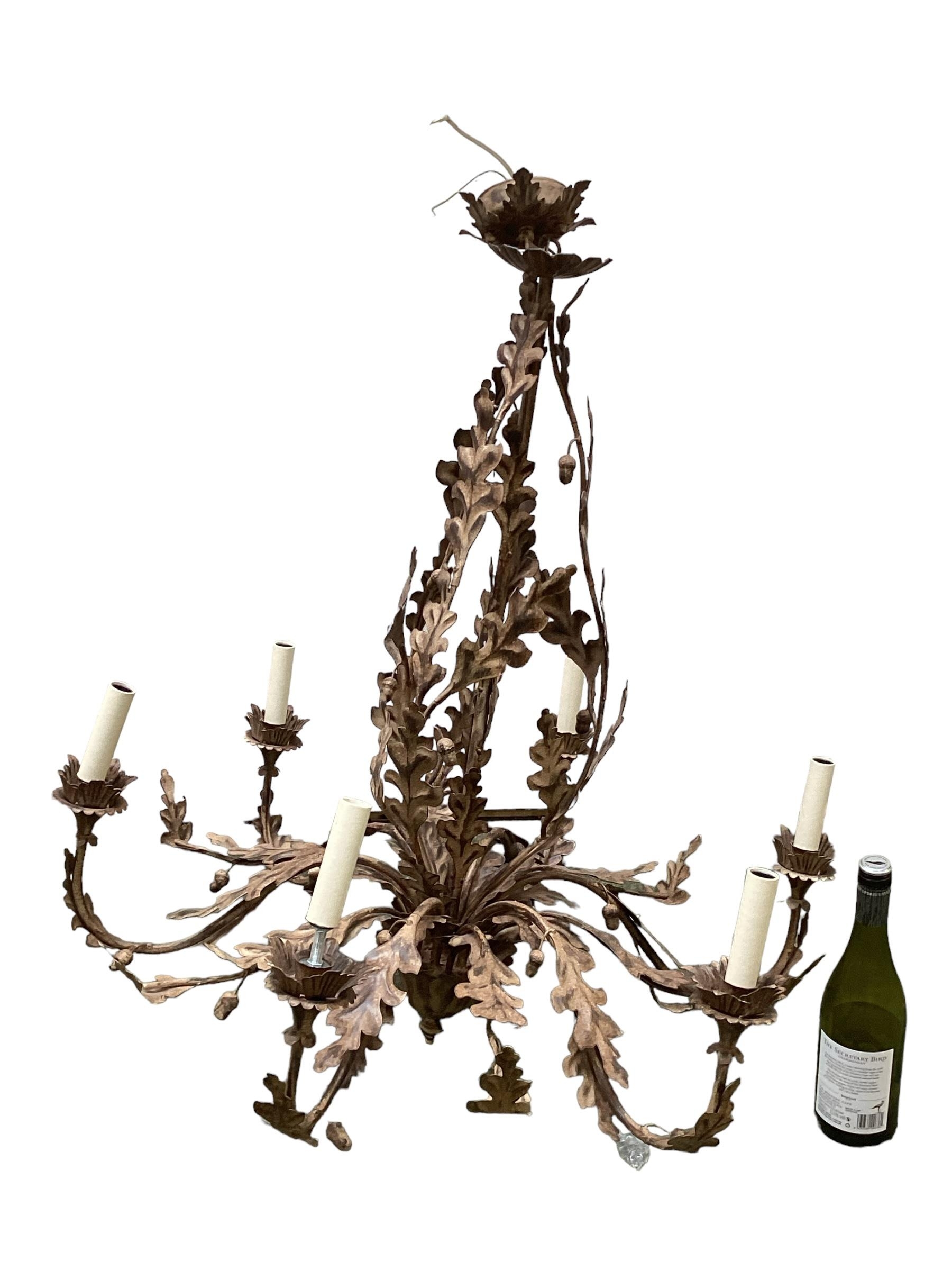 A contemporary decorative light metal six branch chandelier, with ornate leaf decoration and finial, - Image 6 of 6