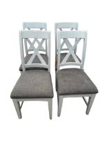 Set of four painted grey kitchen chairs with upholstered seats