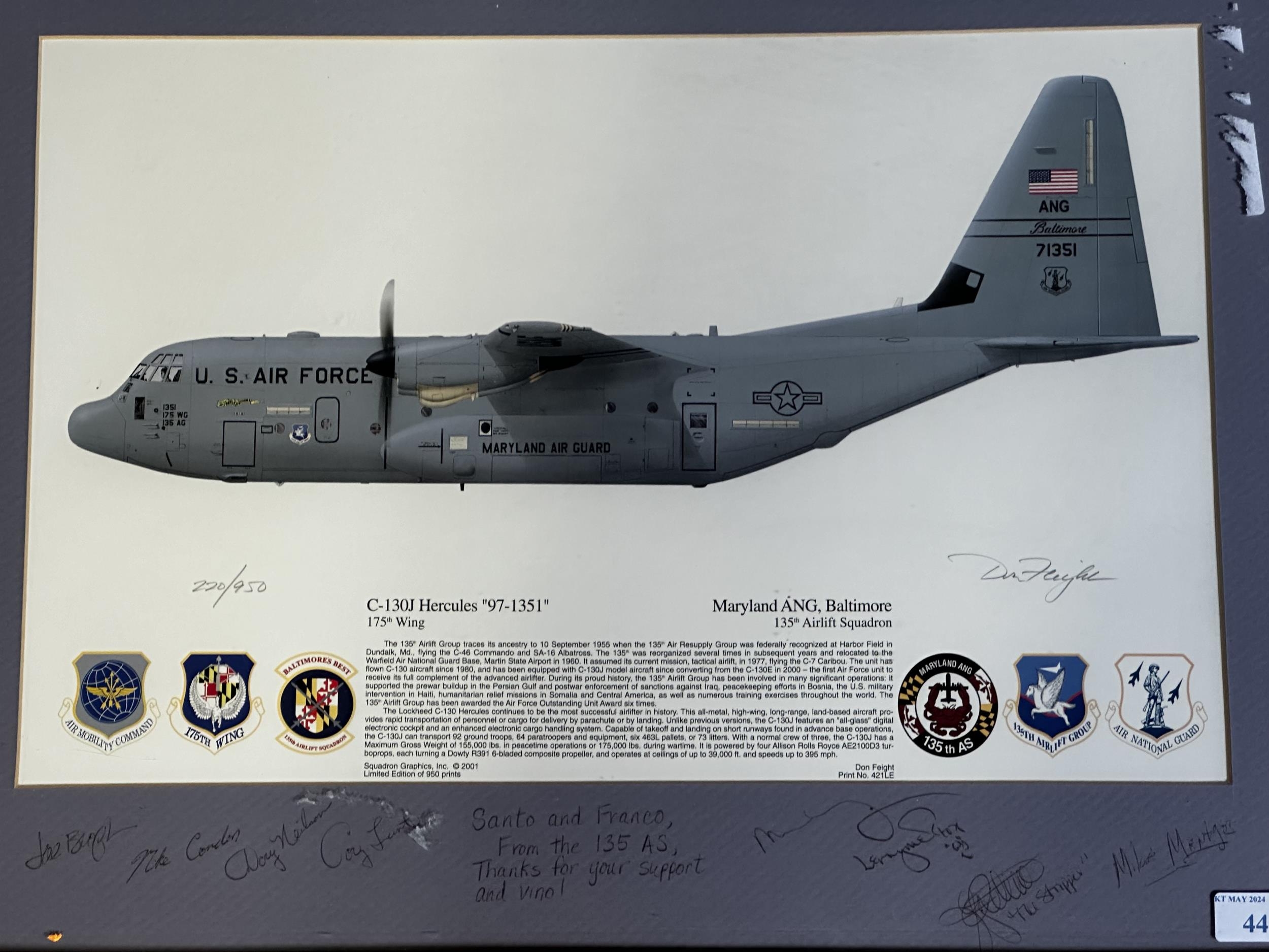 A framed and glazed picture of a US Air Force "C-130J Hercules "97-1351", with annotation and - Image 3 of 3