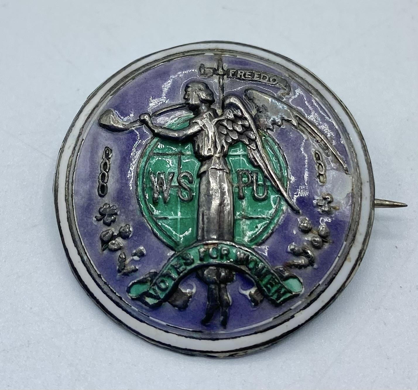 A rare suffragette 'Angel of Freedom' brooch. Circular sterling silver, green and purple enamel - Image 6 of 7