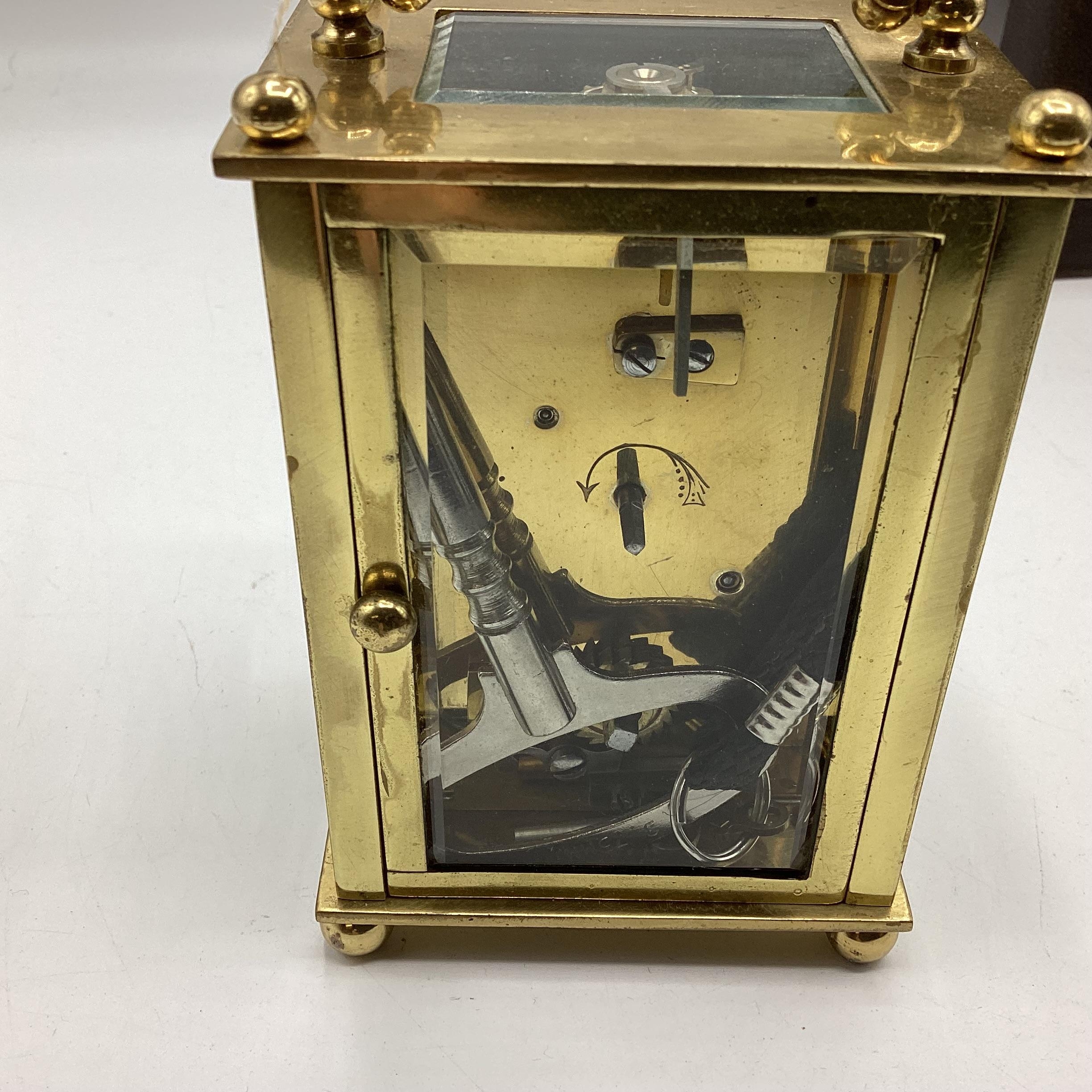 A French gilt brass repeating carriage alarm clock. Movement stamped Aid de le Reveil. In original - Image 7 of 11