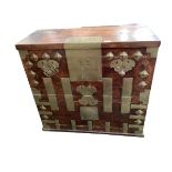 A Chinese style brass mounted dowry chest with fall front, 91cmW x 86cmH, with wear