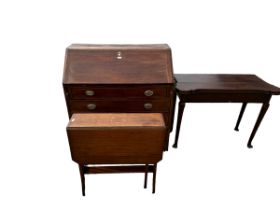 Mahogany bureau, drop leaf sidetable, foldover mahogany card table, small oak corner cupboard