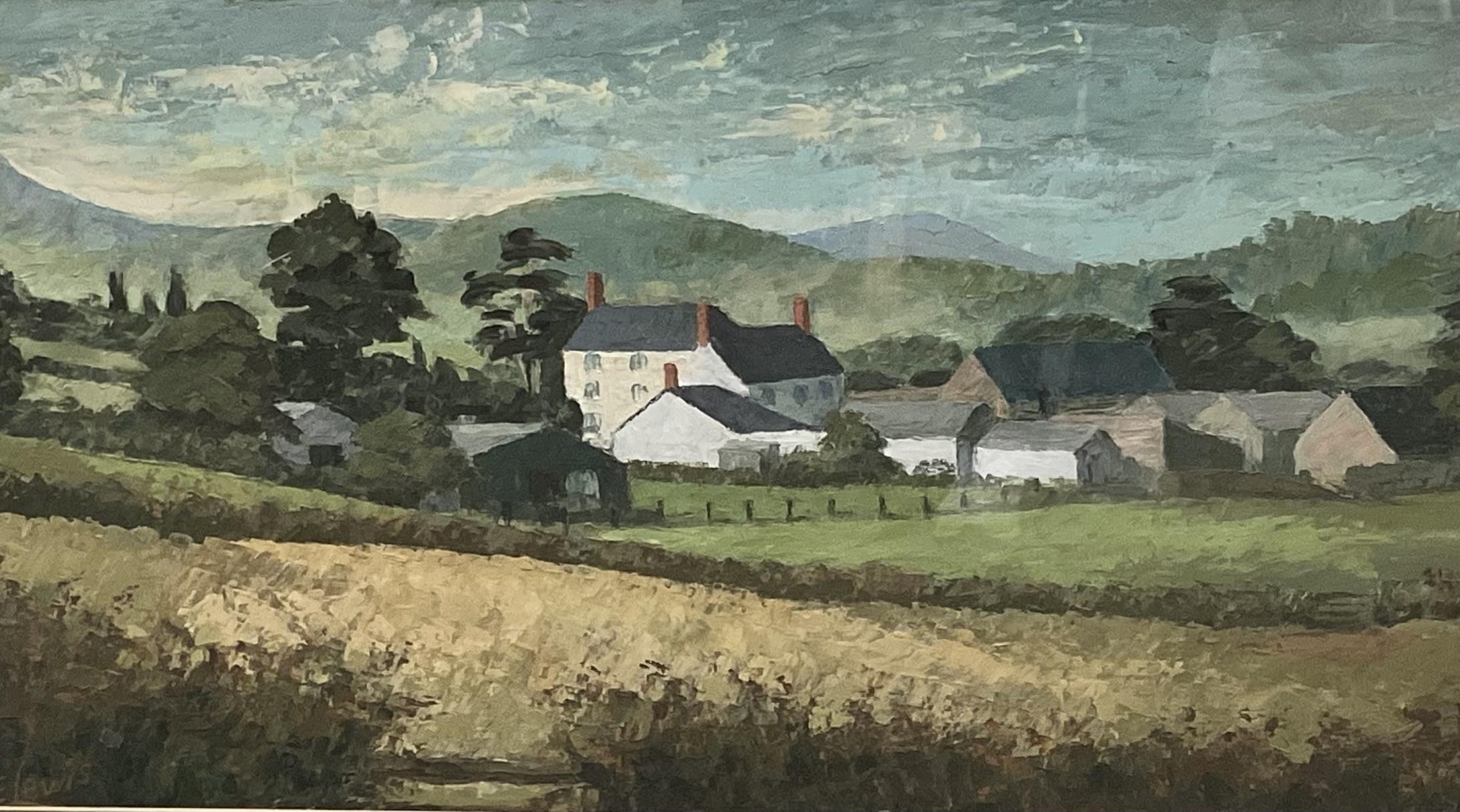 A large framed and glazed painting, cottage in landscape, signed lower left E Lewes, 68cm x 104cm - Image 2 of 9