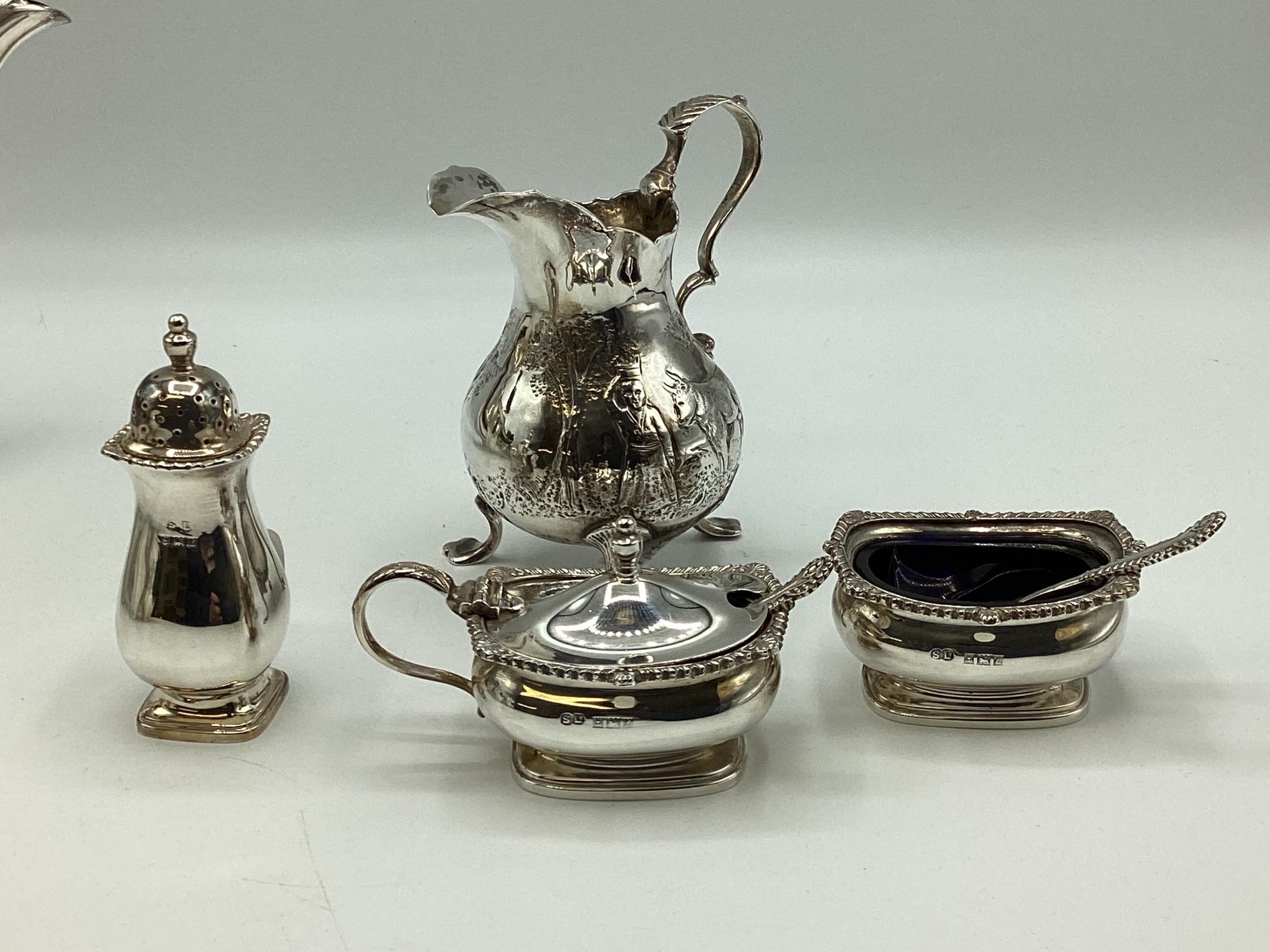 A quantity of hallmarked silver and plated items, to include teapot etc, mustards, spoons fish slice - Image 10 of 10
