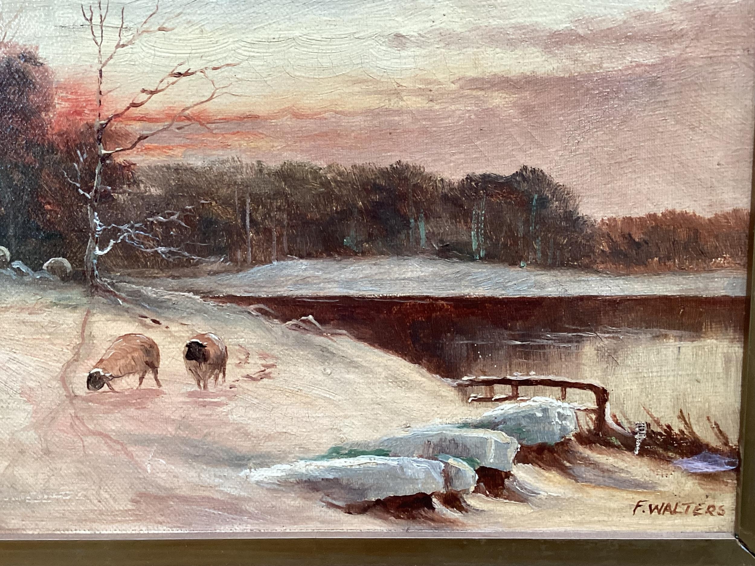A pair of oil on canvas, Sheep in snowy landscape, signed lower left F. Walters, note verso - Image 4 of 9