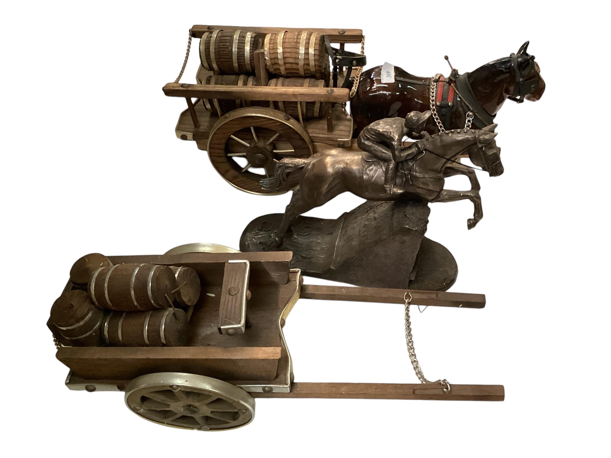 A china dray/cart horse, with barrels, and two carts, and a bronze style jockey and horse