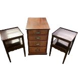 A pair of two tier bedside tables, and a narrow chest of drawers/plan cabinet