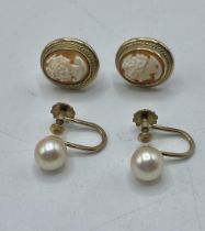 Two pairs of 9ct gold earrings , cameo set pair together with a pair of cultured pearl set clips.
