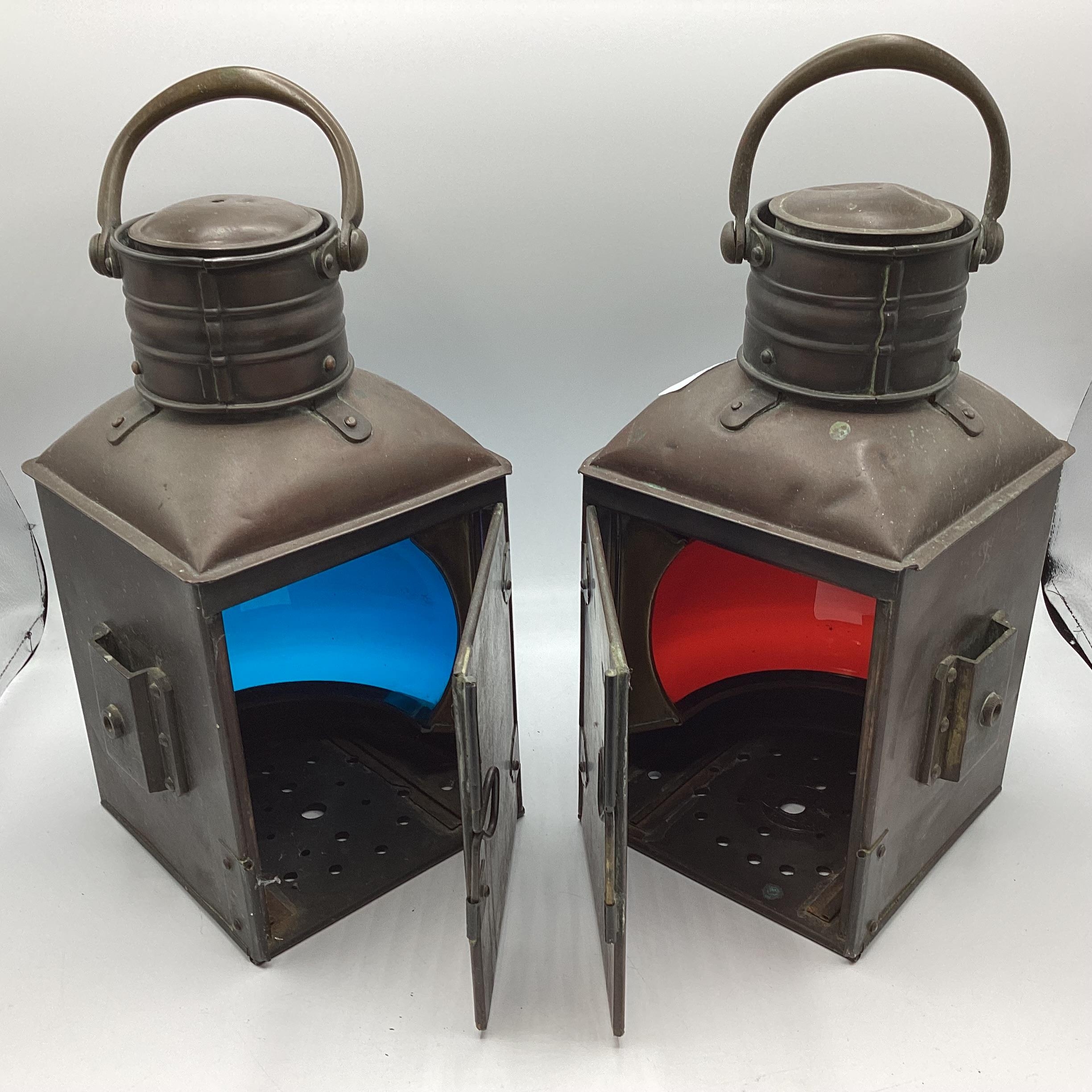 A pair of metal and glass ship lanterns marked Port and Starboard, with some wear and minor dents; - Image 4 of 4