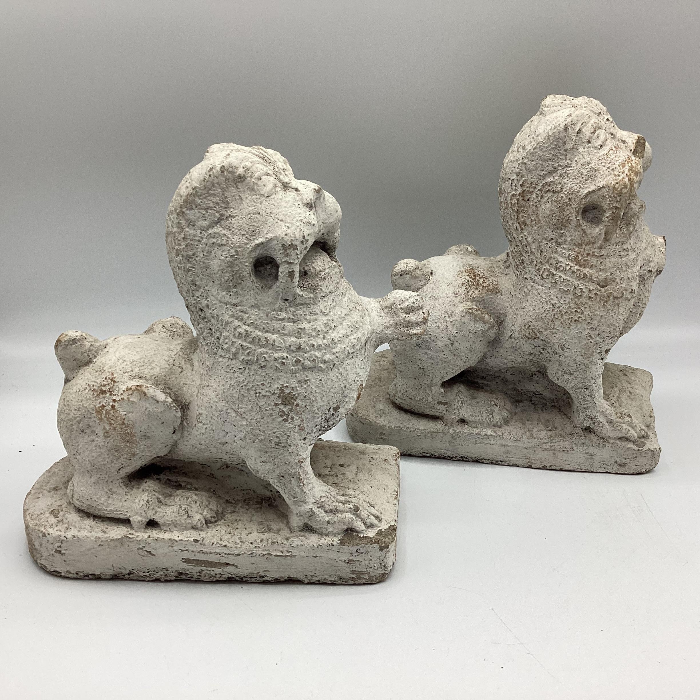 A pair of reconstituted stone temple dogs with white over paint, as found, Provenance: Fawley - Image 2 of 3