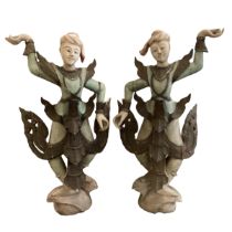 A pair of carved wooden Thai Siamese dancing angels. 105 cm H. Condition, cracks and splits see
