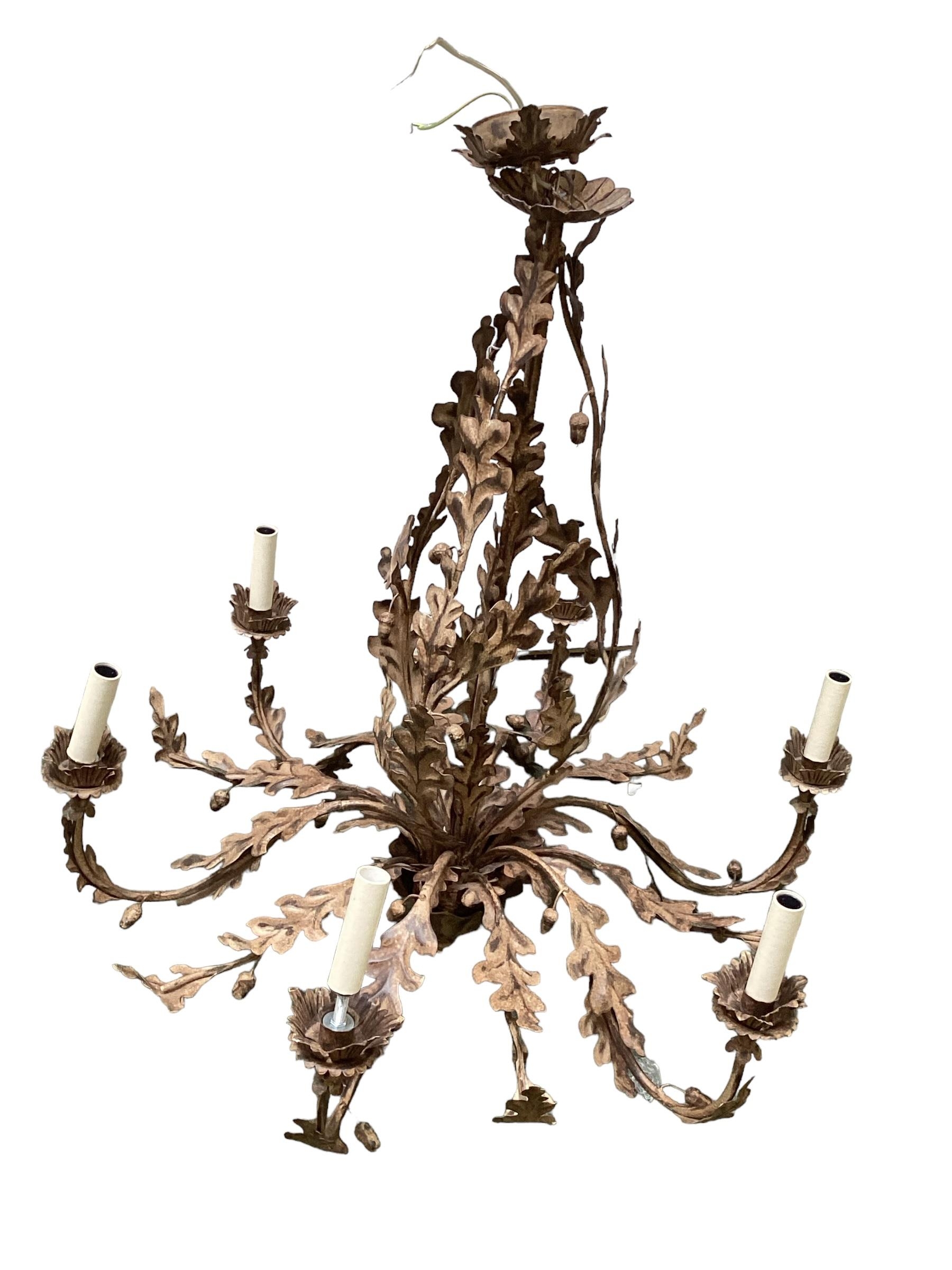 A contemporary decorative light metal six branch chandelier, with ornate leaf decoration and finial, - Image 2 of 6
