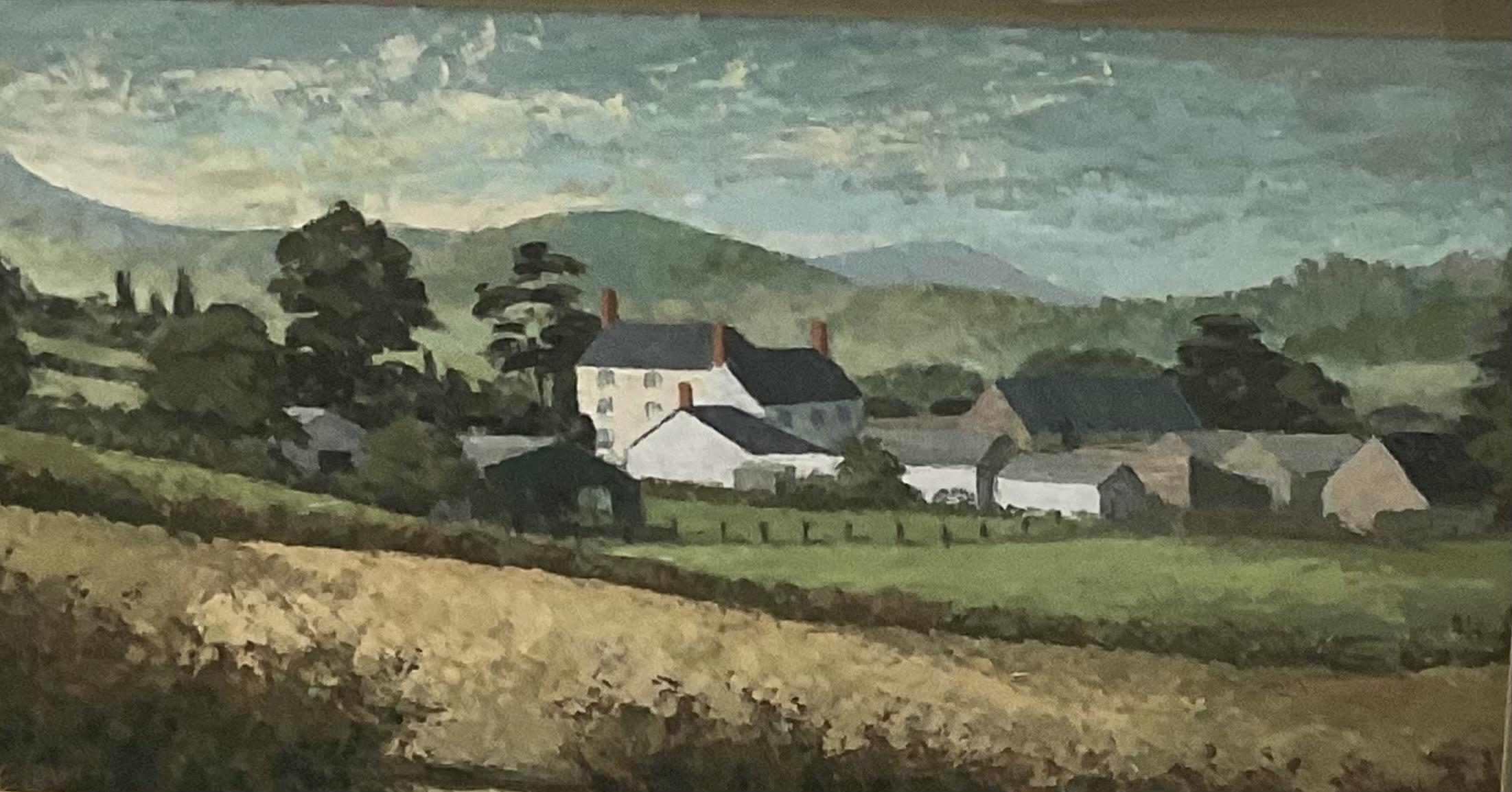A large framed and glazed painting, cottage in landscape, signed lower left E Lewes, 68cm x 104cm - Image 4 of 9