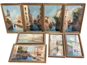A set of 8 framed and glazed watercolours of Venice, 23 x 38cm overall largest, set various sizes,
