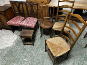 A quantity of chairs to include Edwardian upholstered bedroom chairs, two rush seated chars ,