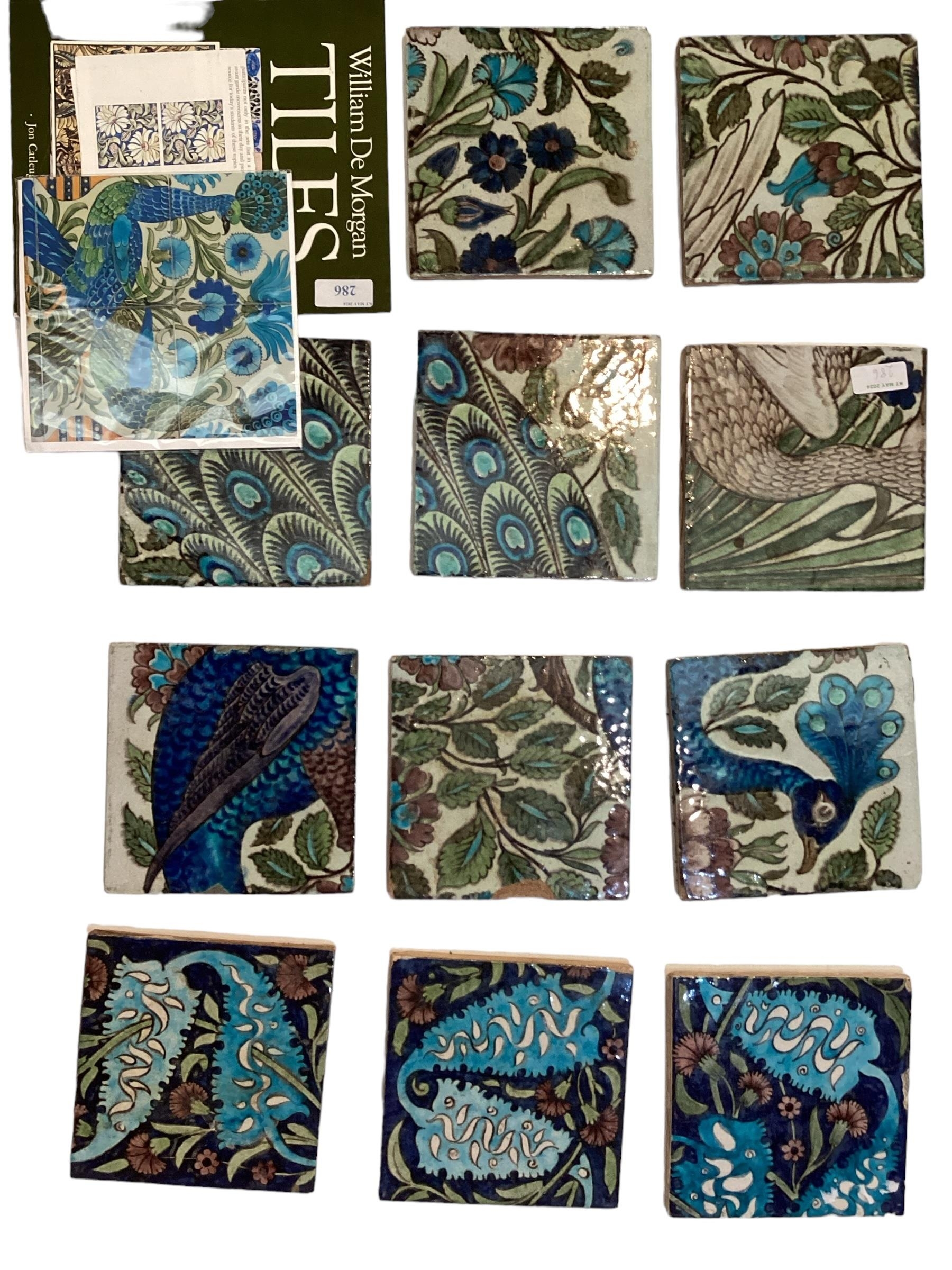 William De Morgan tiles (11) and a book and postcards, see all images