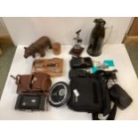 A quantity of Vintage Cameras, a vintage leather cased tool set, thermos, bottle/wine opener etc