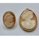 An 18ct gold shell cameo ring together with an 18ct gold mounted cameo brooch. 23.14g.