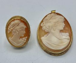 An 18ct gold shell cameo ring together with an 18ct gold mounted cameo brooch. 23.14g.