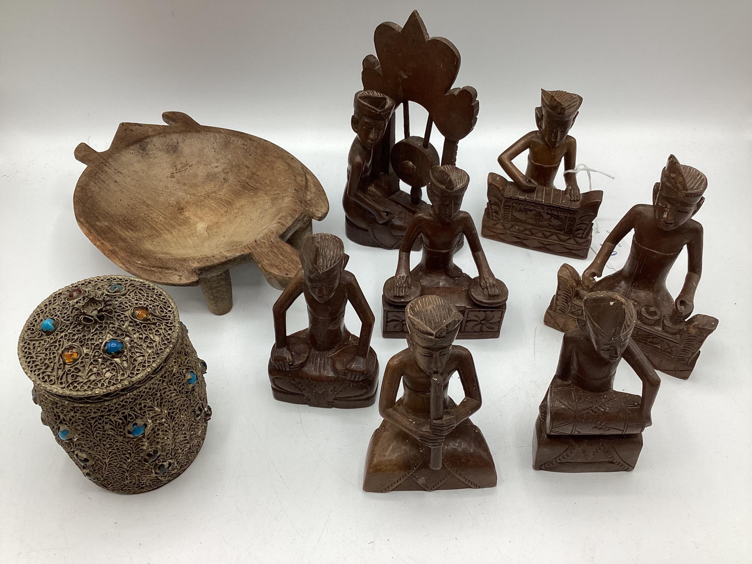 A quantity of Malaysian wooden figures, and a white metal lidded pot - Image 2 of 5