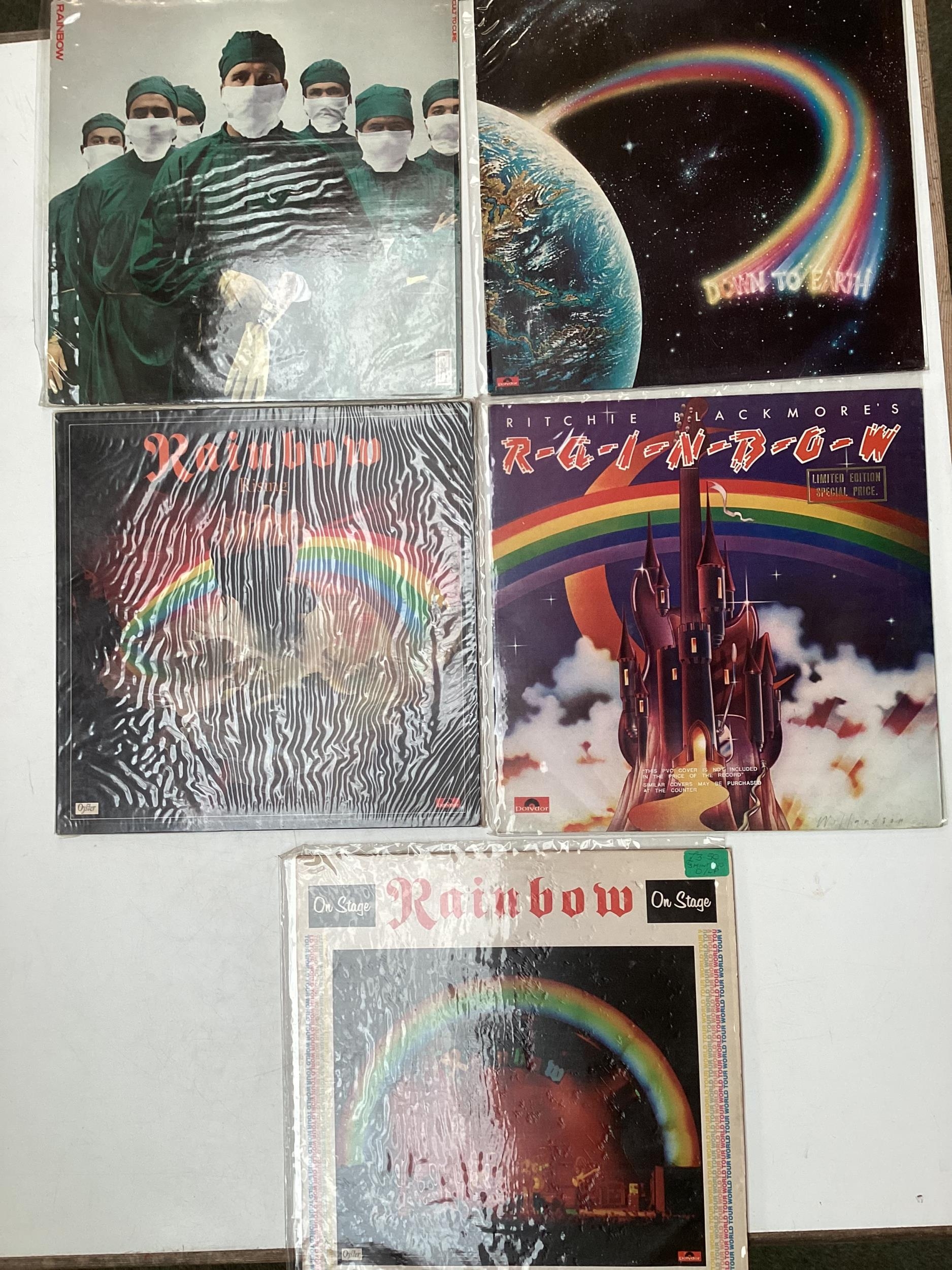 Vinyl Records (five), see photos for a selection of Albums. Rainbow on stage, Rainbow Rising,