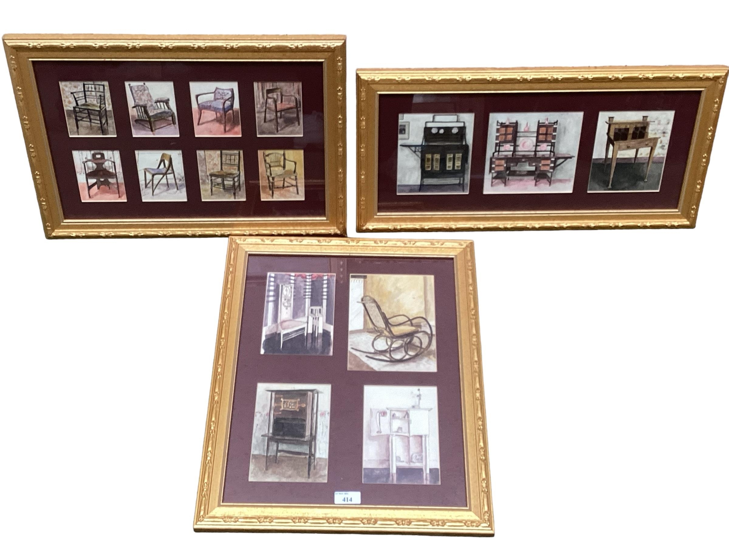 A set of three gilt framed and glazed pictures, each mounted with inset watercolour studies of