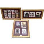 A set of three gilt framed and glazed pictures, each mounted with inset watercolour studies of