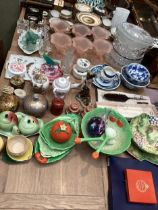 A quantity of general china, glass and general household items, including 6 pink moulded frosted