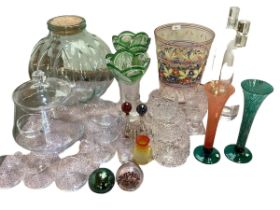 A large quantity of glass to include a HSA Glass punch bowl and ladle and glasses etc; vases,