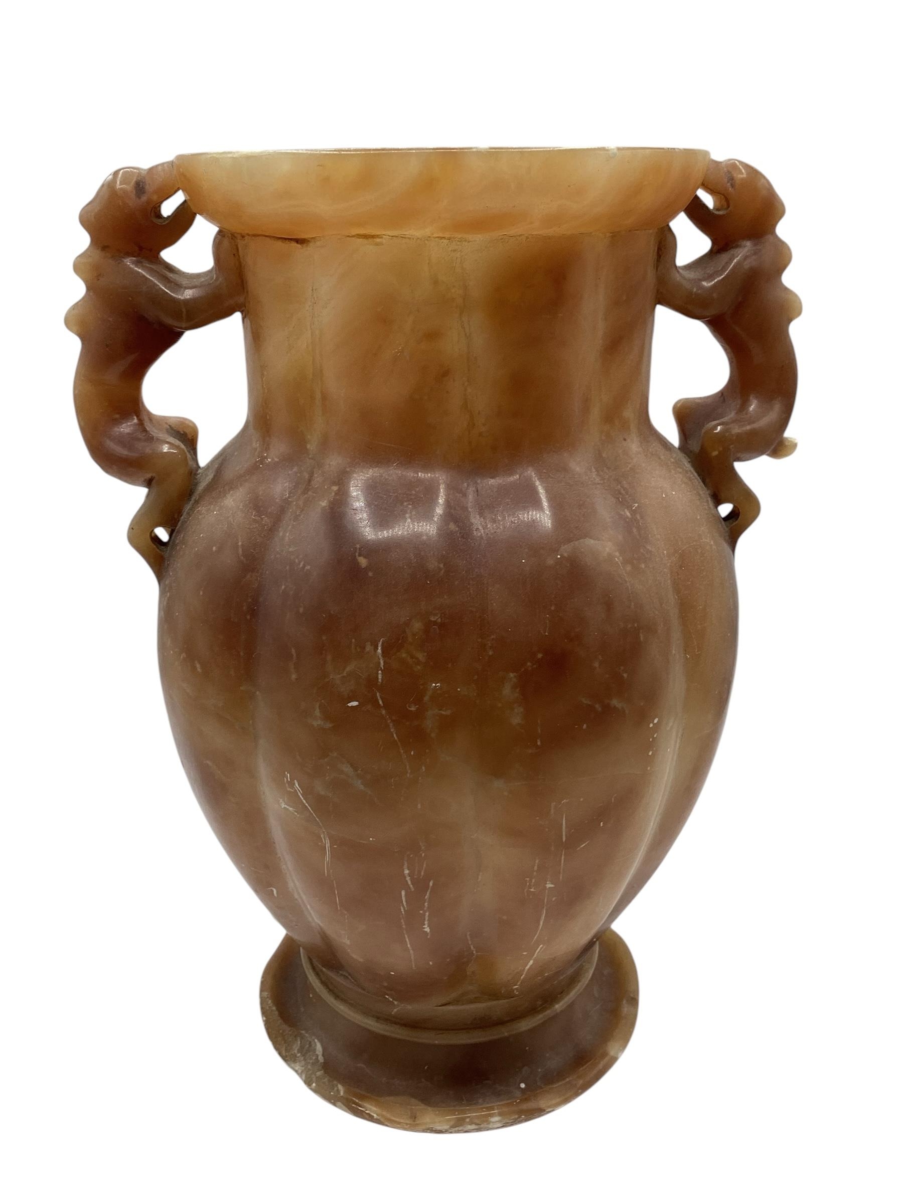 A Oriental soapstone vase, with mythical beasts to shoulders, approx 40cm H, losses and wear all
