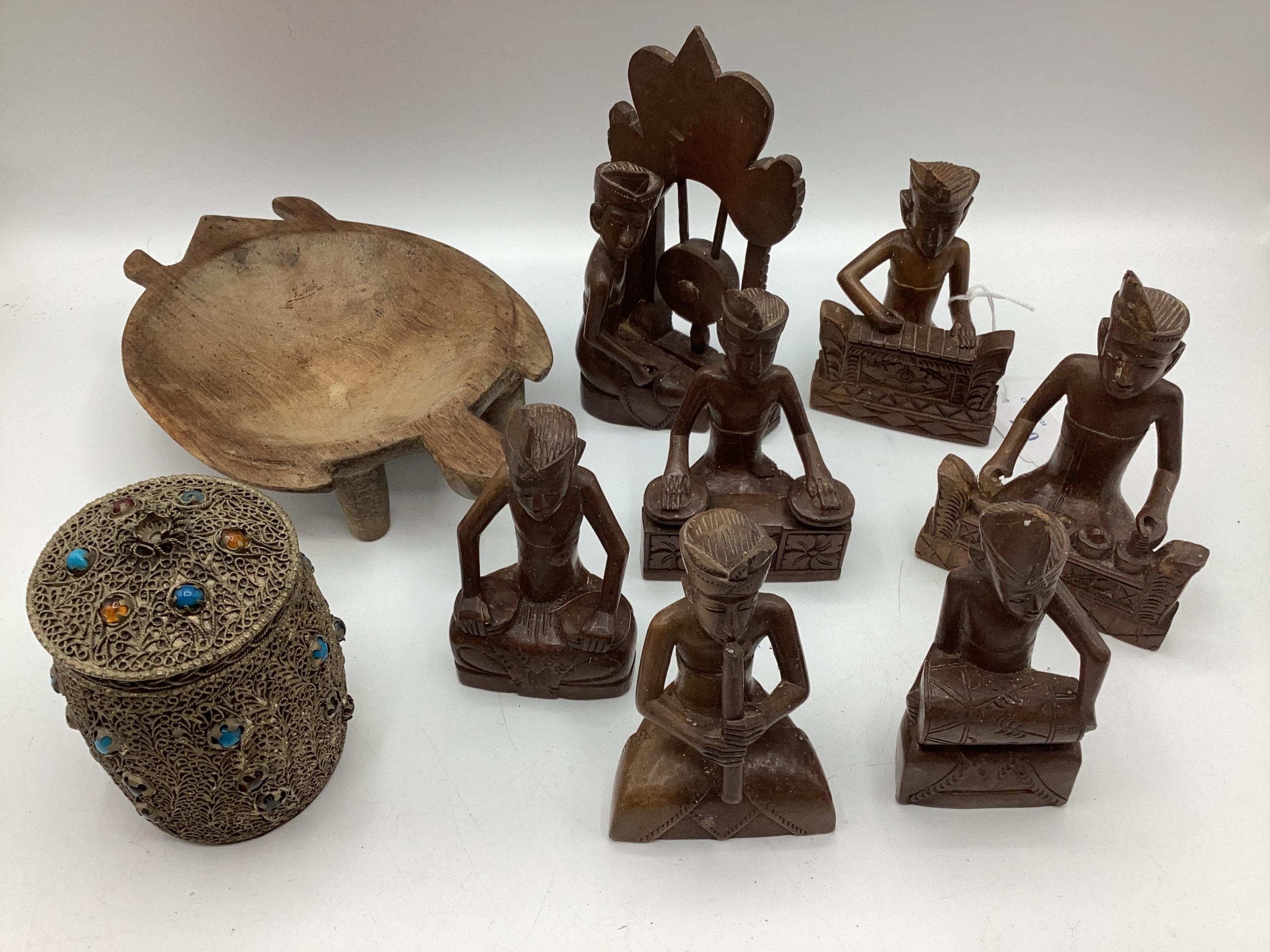 A quantity of Malaysian wooden figures, and a white metal lidded pot - Image 3 of 5