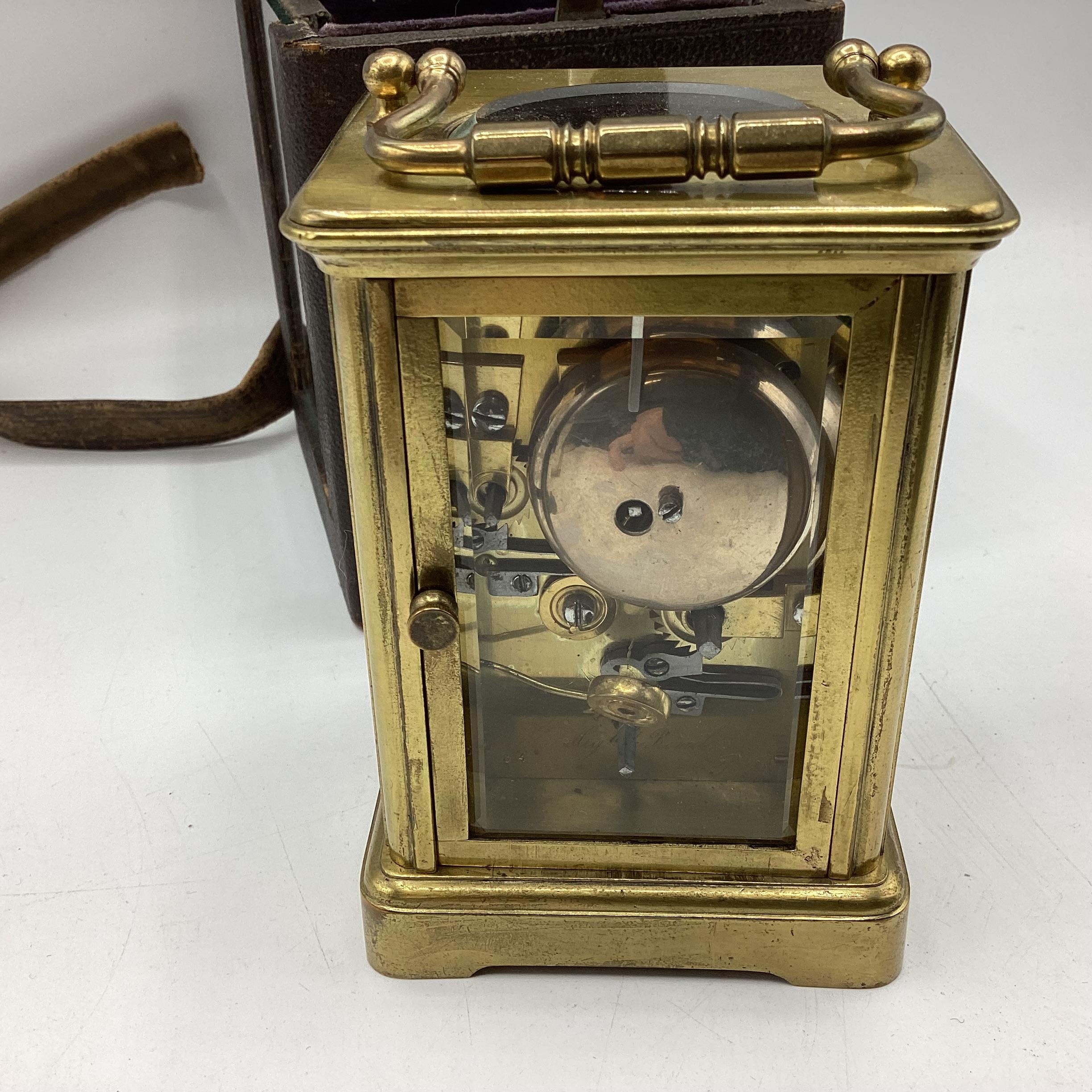 A French gilt brass repeating carriage alarm clock. Movement stamped Aid de le Reveil. In original - Image 10 of 11