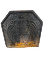 Heavy iron square fireback, with cantered corners, and embossed to back 1659, 60cmH x 57cmW