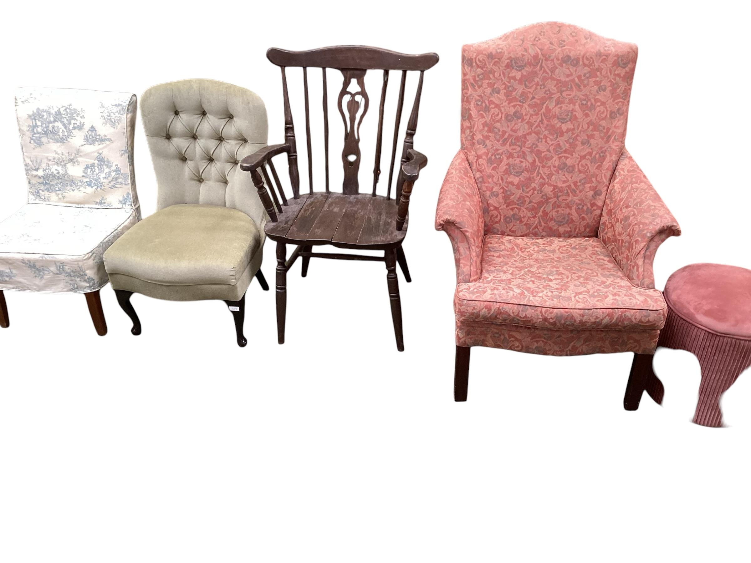 Quantity of various upholstered chairs, see photos, all as found (no tables - only chairs)