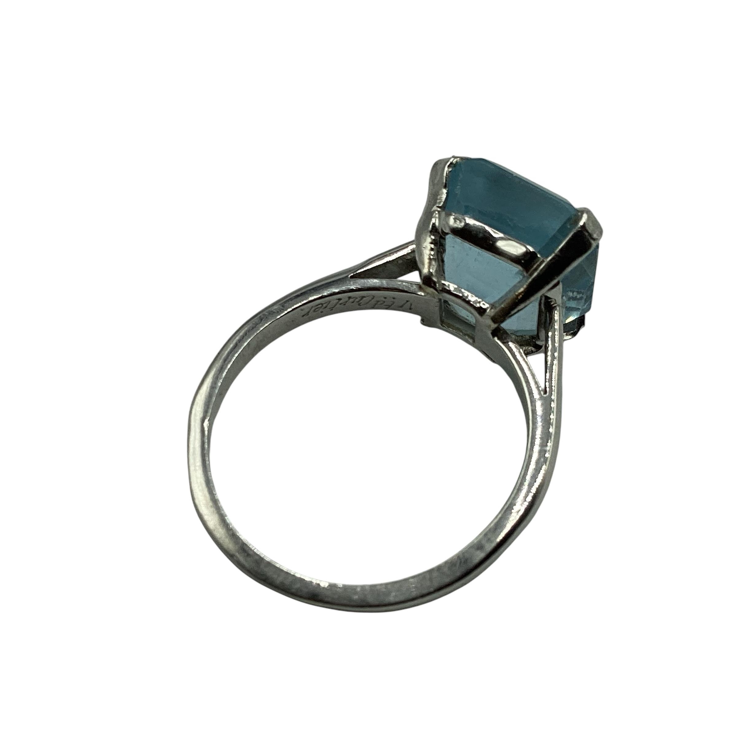 Cartier. Aquamarine and platinum dress ring. Single asscher cut aquamarine, to a four claw - Image 3 of 7
