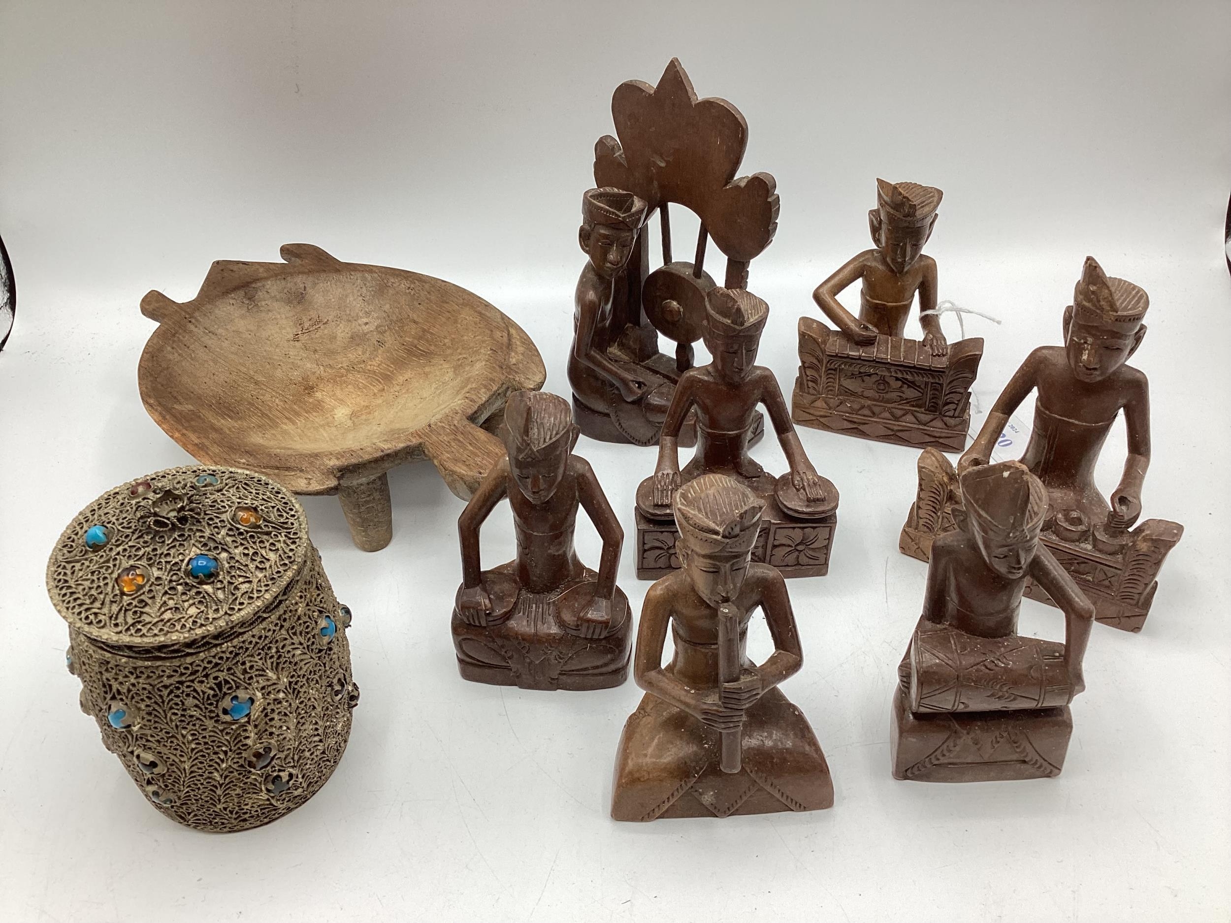 A quantity of Malaysian wooden figures, and a white metal lidded pot - Image 4 of 5