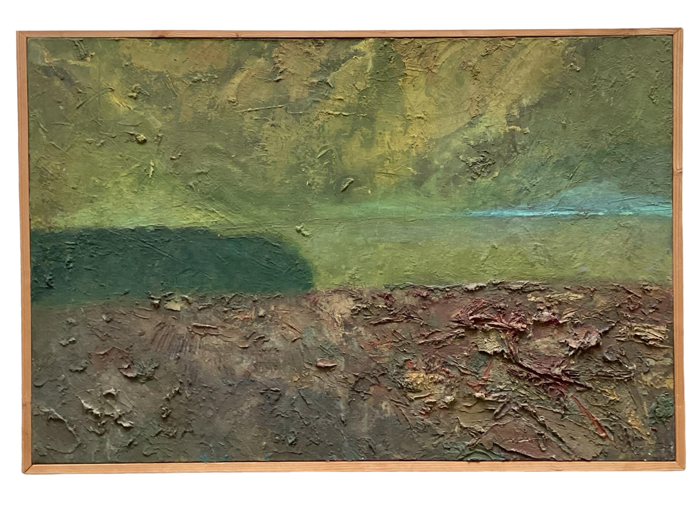 Abstract oil on canvas, Phillip Bird, Towards Garsden Lane Ipsden, ?indistinct. 50.5cm x 76cm