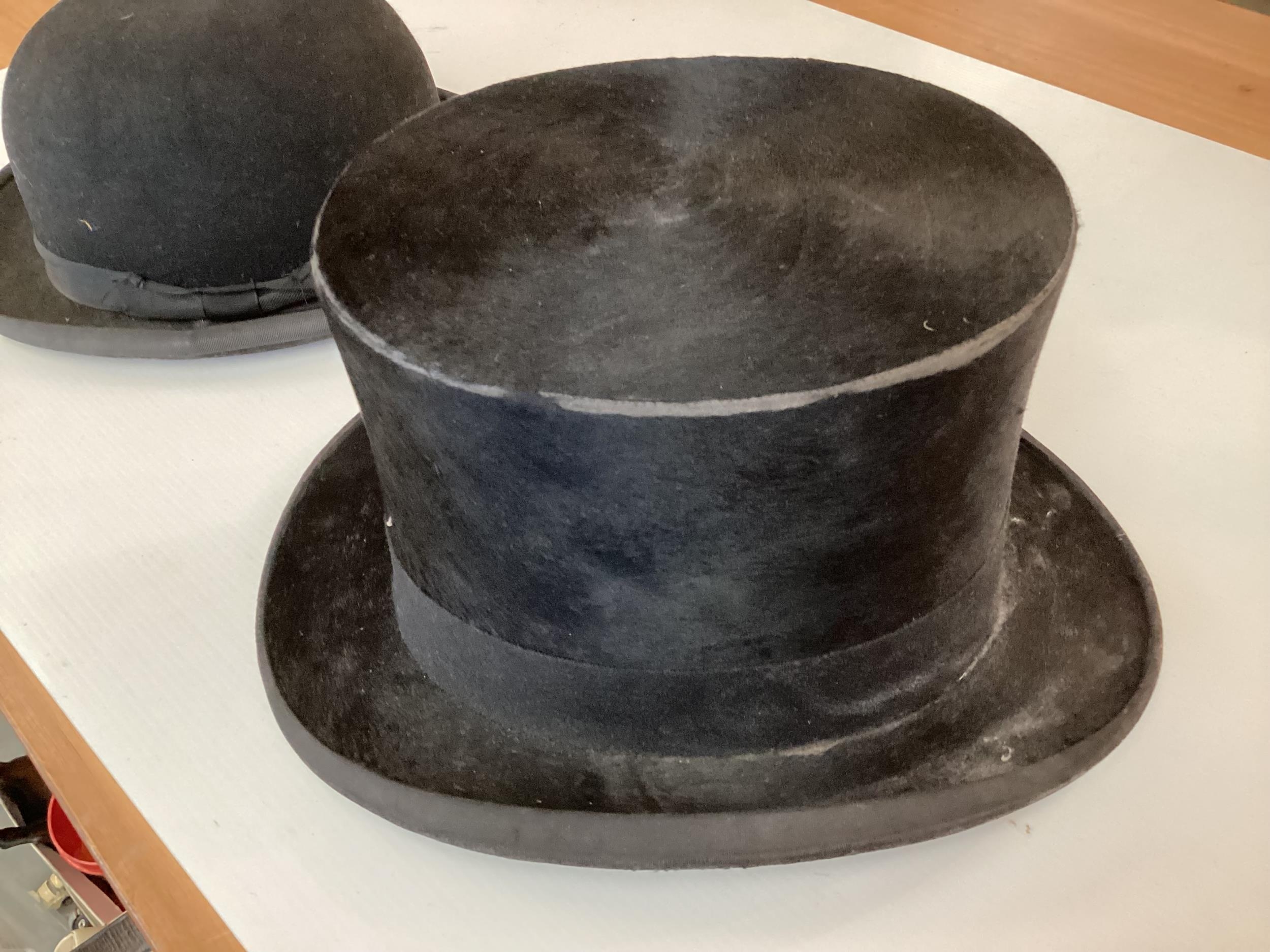 A Top hat, Gieves Ltd, 21 Old Bond Street and a bowler hat Simpsons of Picadilly, some wear to both - Image 2 of 5