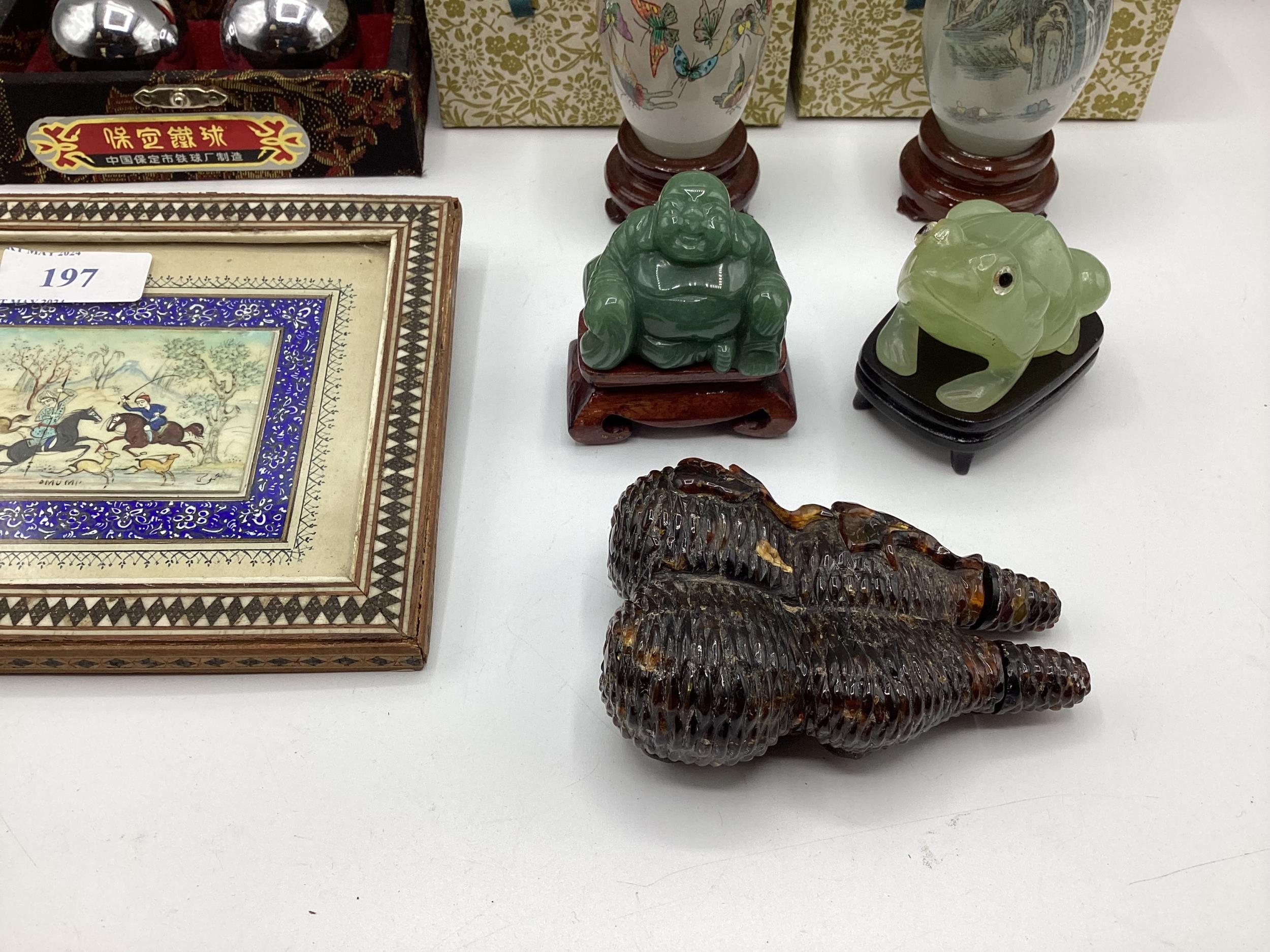 A collection of Oriental items to include a jade style Buddha, framed picture on panel, stress balls - Image 2 of 5