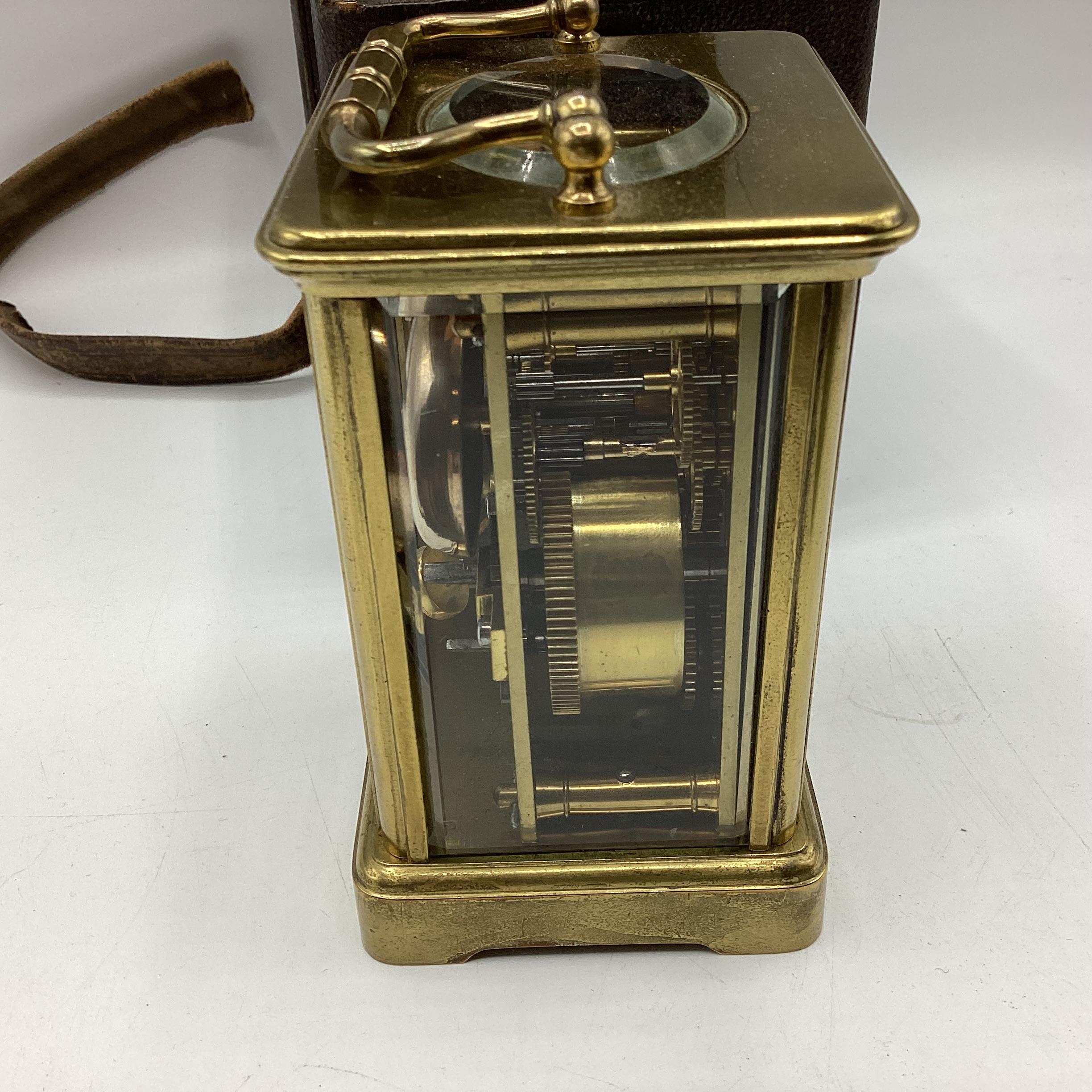 A French gilt brass repeating carriage alarm clock. Movement stamped Aid de le Reveil. In original - Image 9 of 11